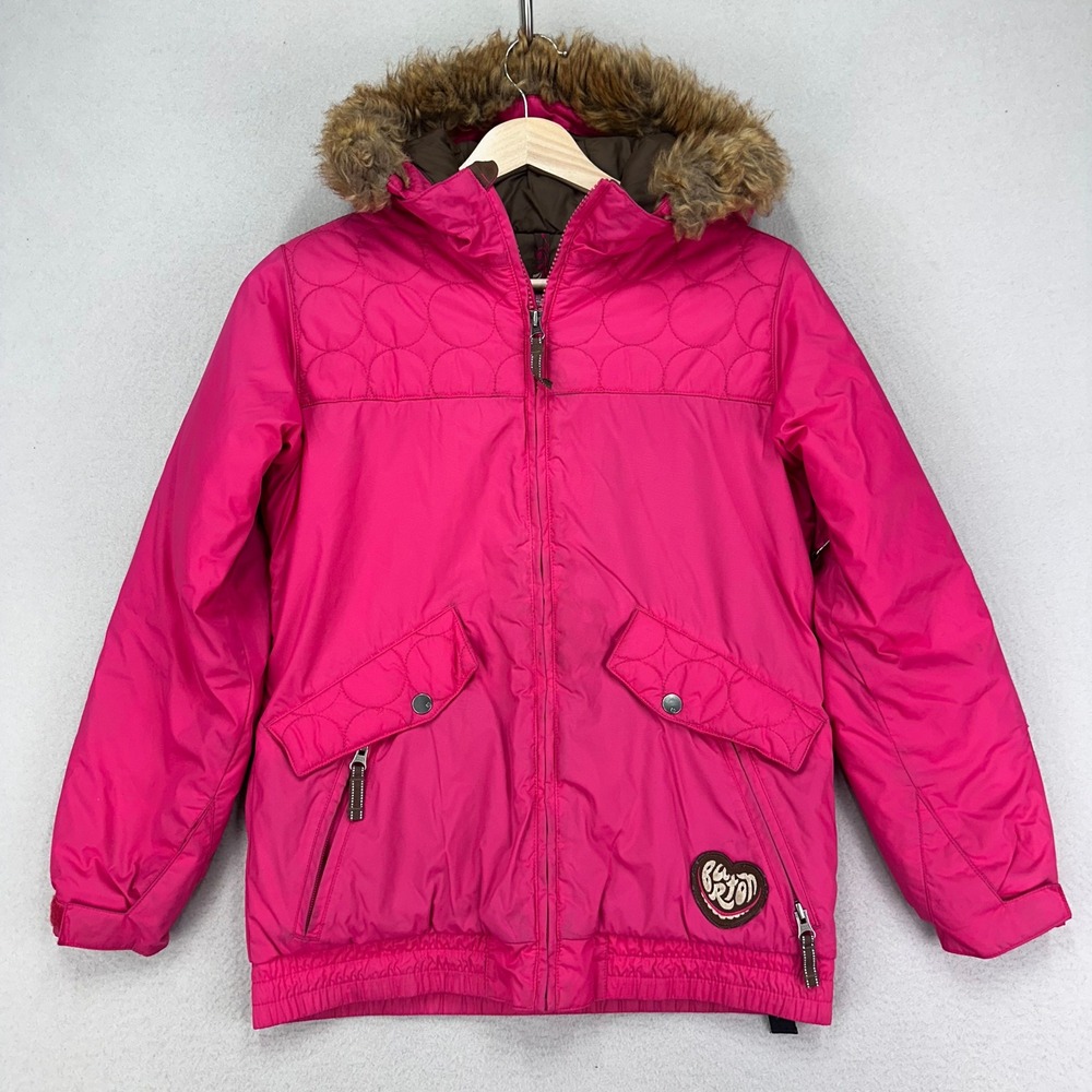 Burton Snow Jacket Girls L‎ (10-12) Pink Hooded Fur Trim Full Zip Winter Coat